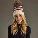 Load image into Gallery viewer, Cream, Purple &amp; Gold Patterned Pom Hat
