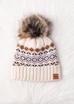 Load image into Gallery viewer, Cream, Black &amp; Camel Patterned Pom Hat
