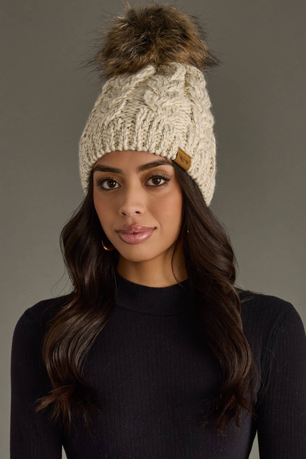 Beige Cable Knit Pom Hat