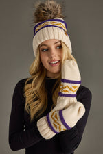 Load image into Gallery viewer, Cream, Purple &amp; Gold Patterned Pom Hat
