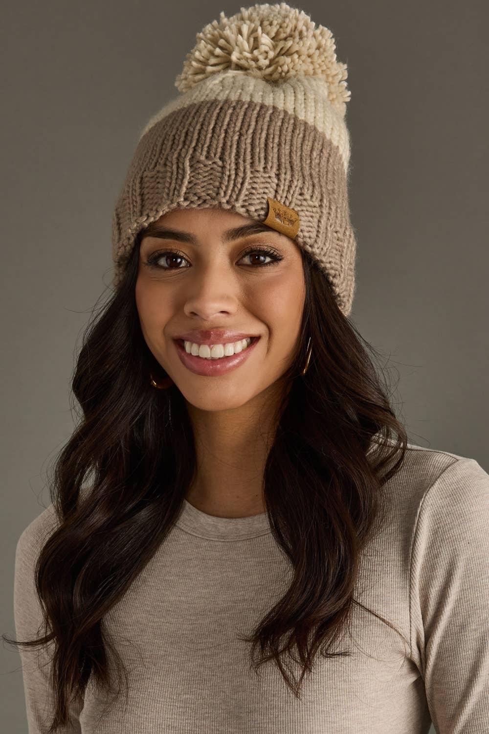 Beige & Taupe Color Block Pom Hat