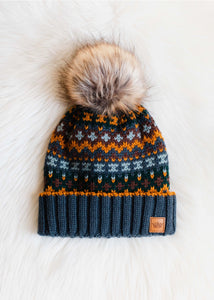 Dusty Blue & Multicolored Patterned Pom Hat