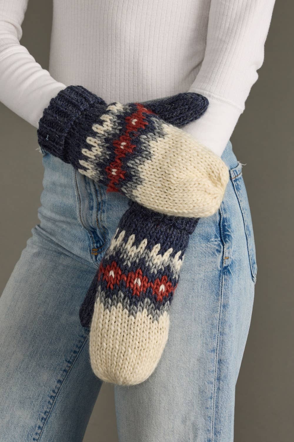 Cream, Blue, Red & Gray Patterned Mittens