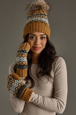 Load image into Gallery viewer, Camel, Black, White &amp; Blue Patterned Mittens

