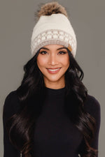 Load image into Gallery viewer, Ivory &amp; Taupe Patterned Knit Pom Hat
