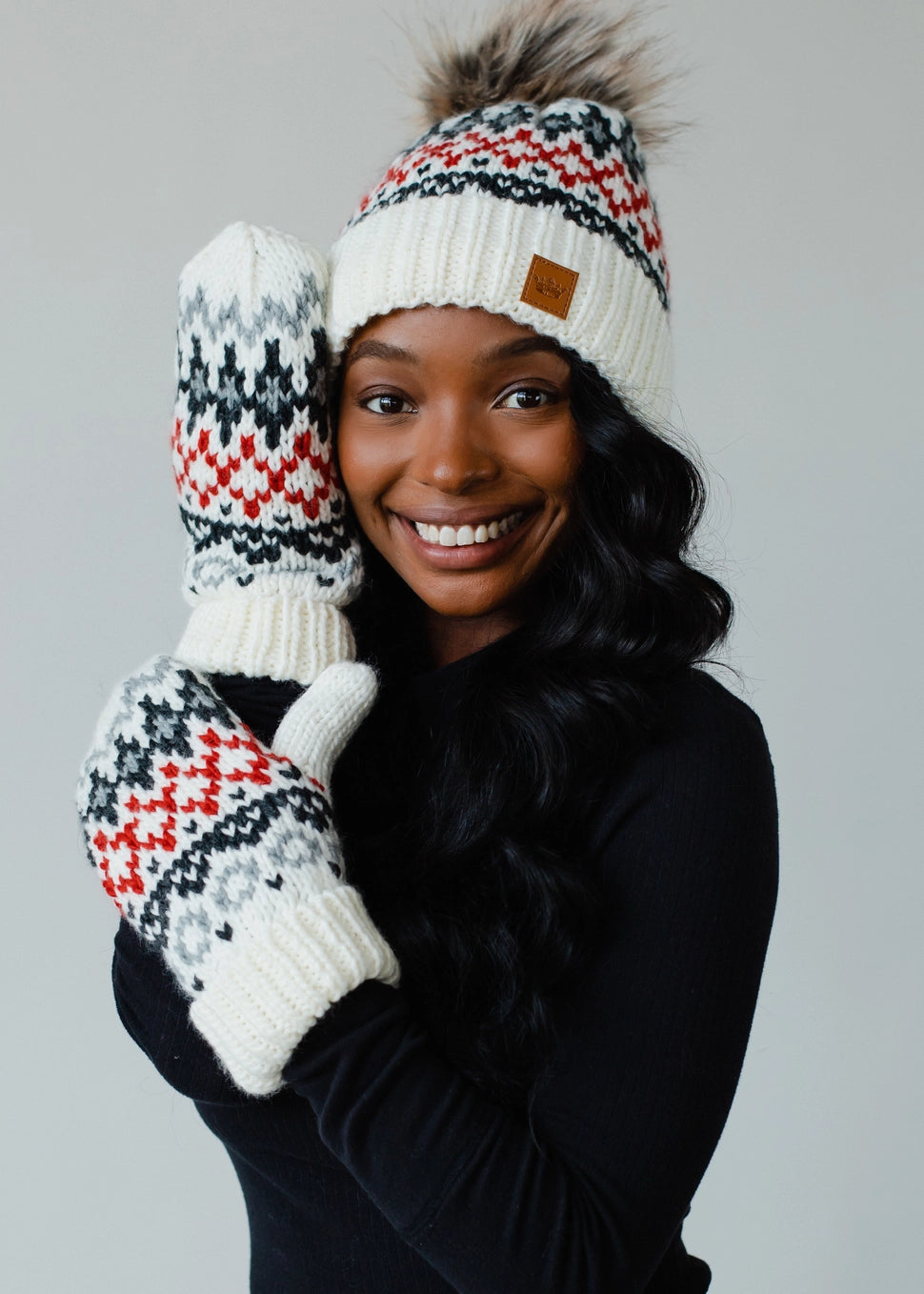 Ivory, Red & Gray Winter Pattern Mittens