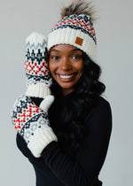 Load image into Gallery viewer, Ivory, Red &amp; Gray Winter Pattern Pom Hat
