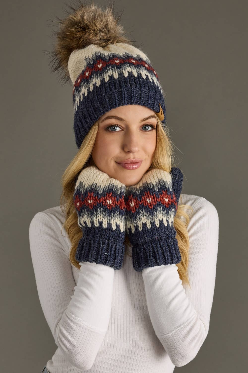 Cream, Blue, Red & Gray Patterned Pom Hat