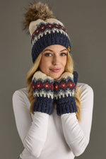 Load image into Gallery viewer, Cream, Blue, Red &amp; Gray Patterned Pom Hat
