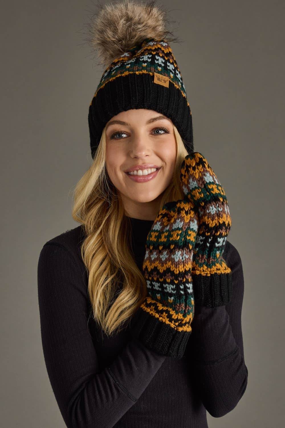 Black & Multicolored Patterned Pom Hat
