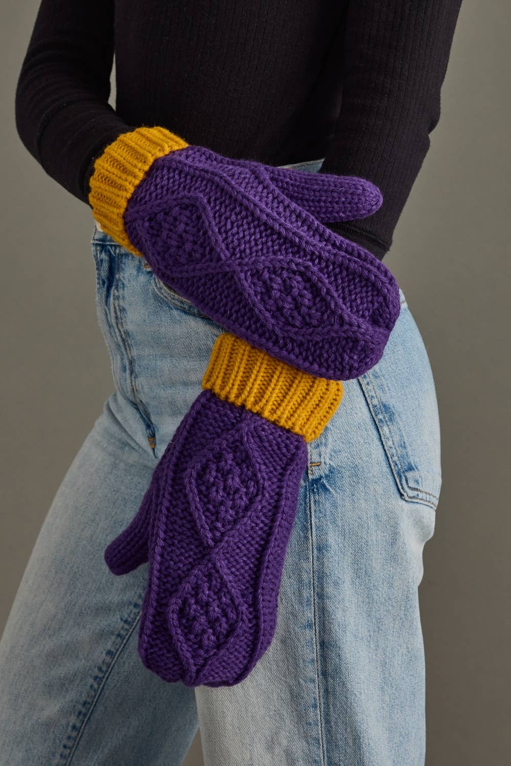 Purple & Gold Trim Cable Knit Mittens