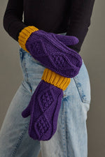 Load image into Gallery viewer, Purple &amp; Gold Trim Cable Knit Mittens
