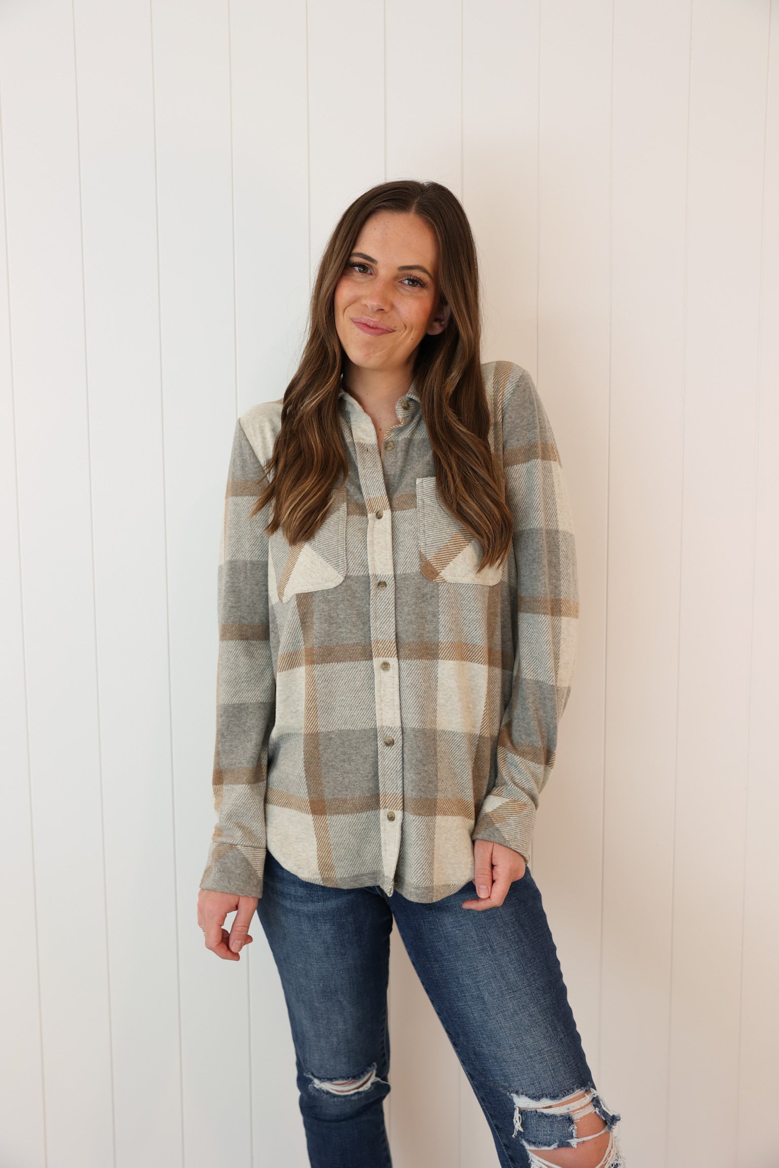 The Taylor Button Up >> Grey Brown Plaid (Two Left)