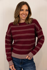 Load image into Gallery viewer, The Ellie Sweater >> Wine Ivory Stripe

