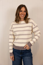 Load image into Gallery viewer, The Ellie Sweater >> Cream Burgundy Stripe
