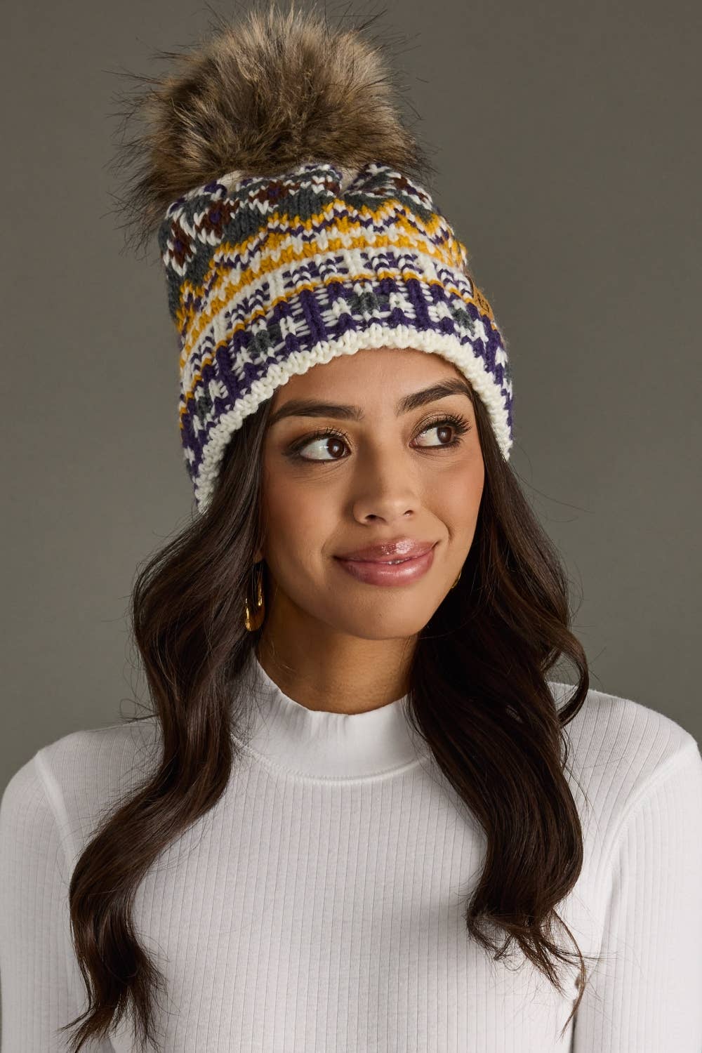 White, Purple & Gold Patterned Pom Hat