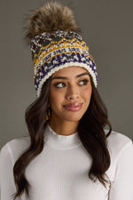 Load image into Gallery viewer, White, Purple &amp; Gold Patterned Pom Hat
