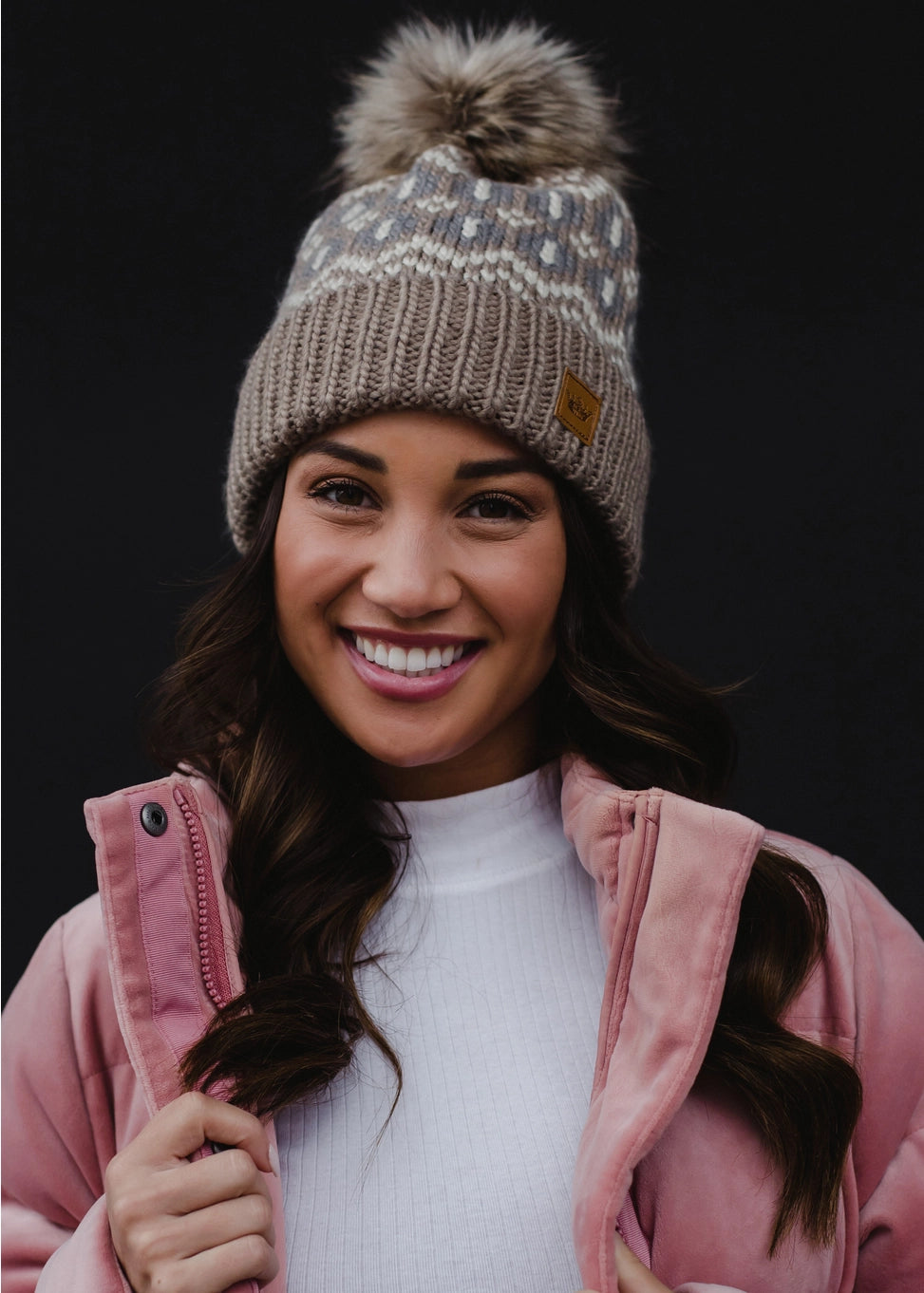 Taupe, Beige & Gray Patterned Pom Hat