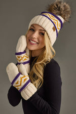 Load image into Gallery viewer, Cream, Purple &amp; Gold Patterned Pom Hat
