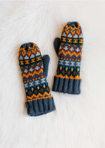 Load image into Gallery viewer, Dusty Blue &amp; Multicolored Patterned Mittens
