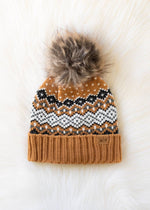 Load image into Gallery viewer, Camel, Black, White &amp; Blue Patterned Pom Hat
