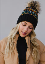 Load image into Gallery viewer, Black &amp; Multicolored Patterned Pom Hat
