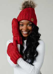 Red Decorative Cable Knit Pom Hat