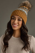 Load image into Gallery viewer, Camel, Black, White &amp; Blue Patterned Pom Hat
