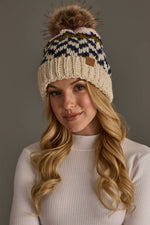 Load image into Gallery viewer, Beige, Navy &amp; Lt. Pink Patterned Pom Hat
