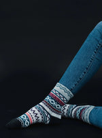 Load image into Gallery viewer, Gray, Charcoal &amp; Blue Pattern Socks
