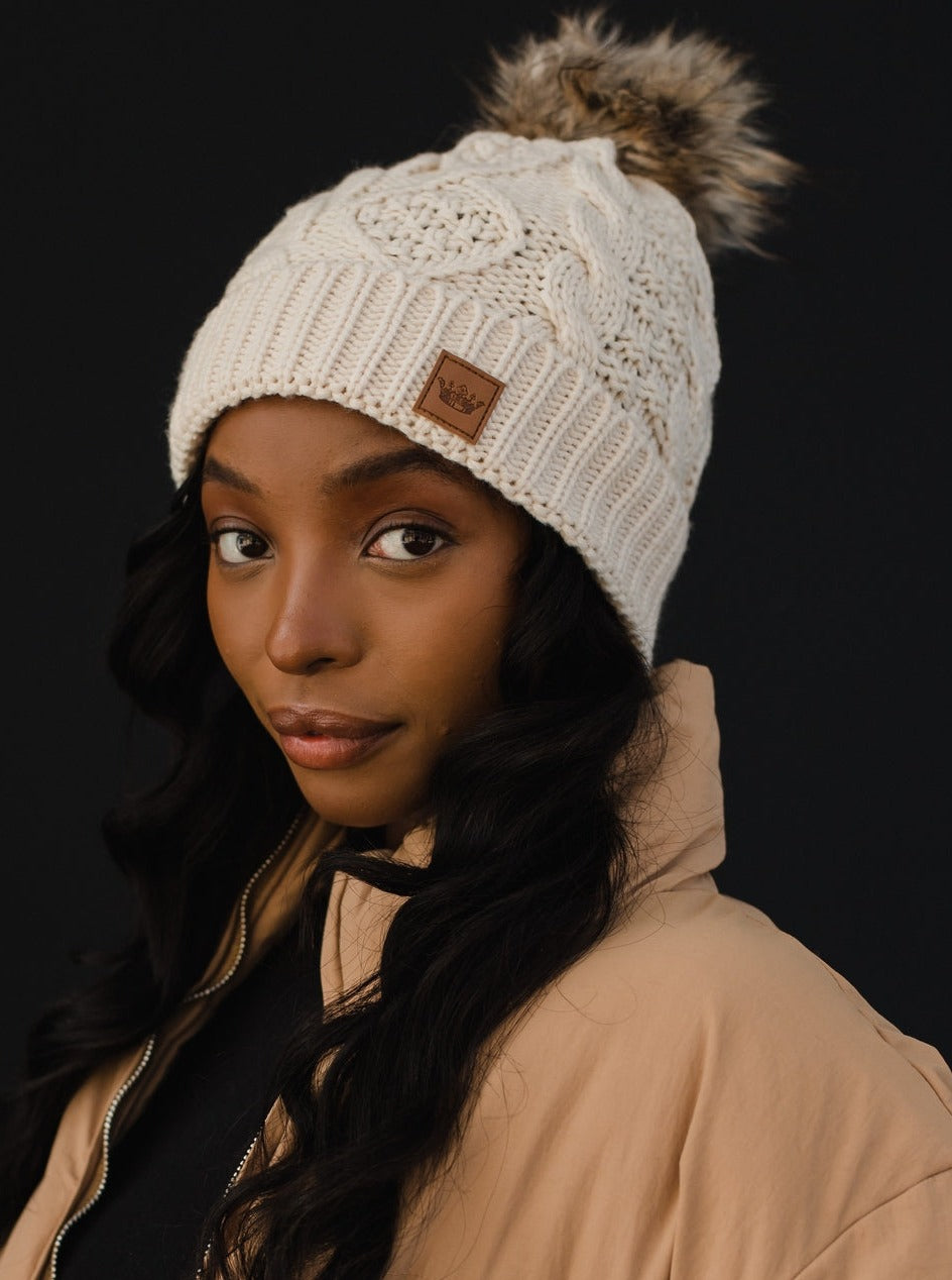 Beige Cable Knit Pom Hat