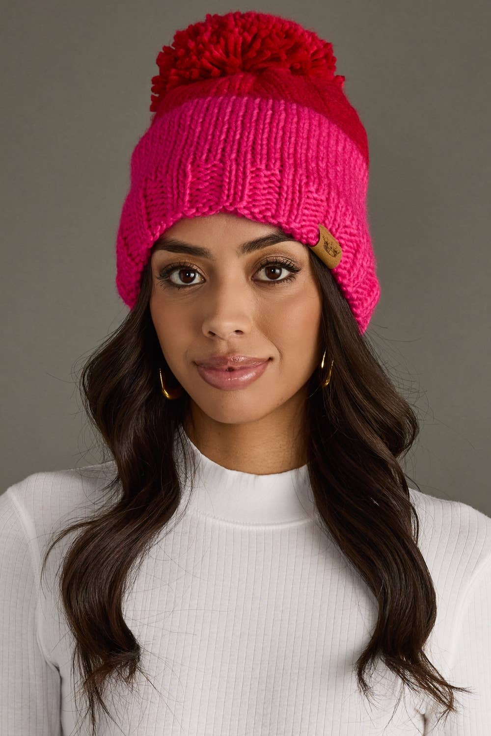 Red & Pink Color Block Pom Hat