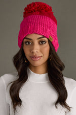 Load image into Gallery viewer, Red &amp; Pink Color Block Pom Hat
