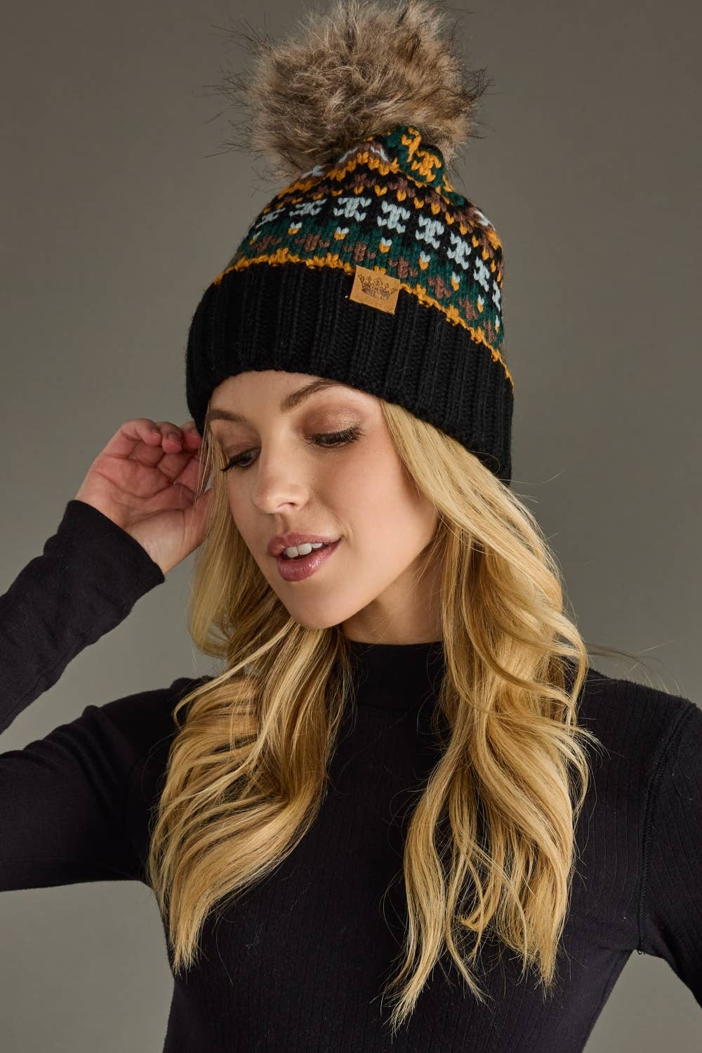 Black & Multicolored Patterned Pom Hat