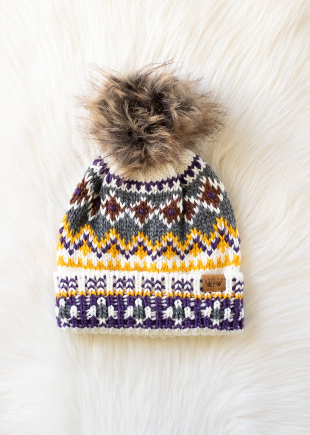White, Purple & Gold Patterned Pom Hat