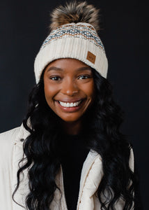 Cream, Black & Camel Patterned Pom Hat