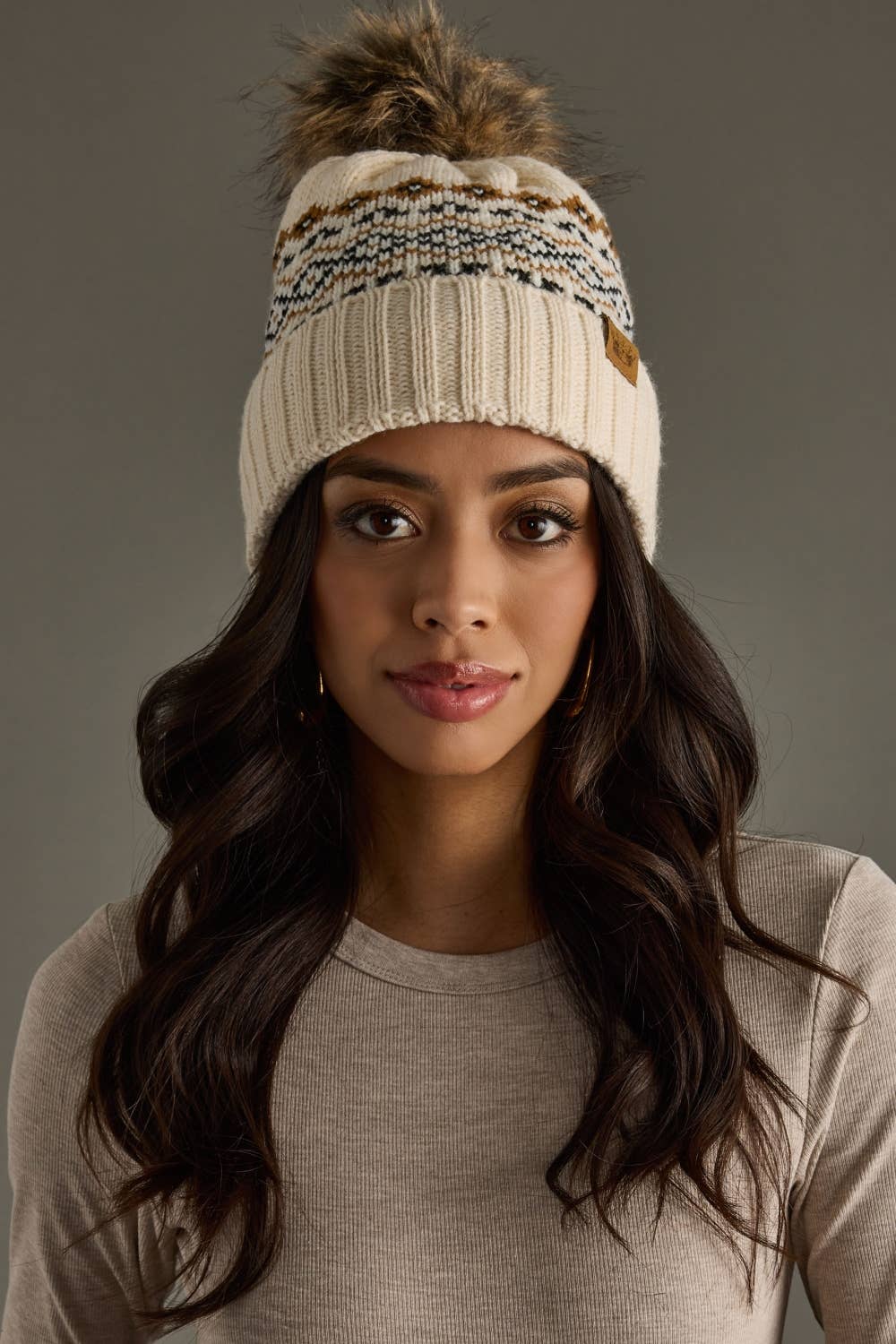 Cream, Black & Camel Patterned Pom Hat