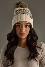 Load image into Gallery viewer, Cream, Black &amp; Camel Patterned Pom Hat
