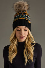 Load image into Gallery viewer, Black &amp; Multicolored Patterned Pom Hat
