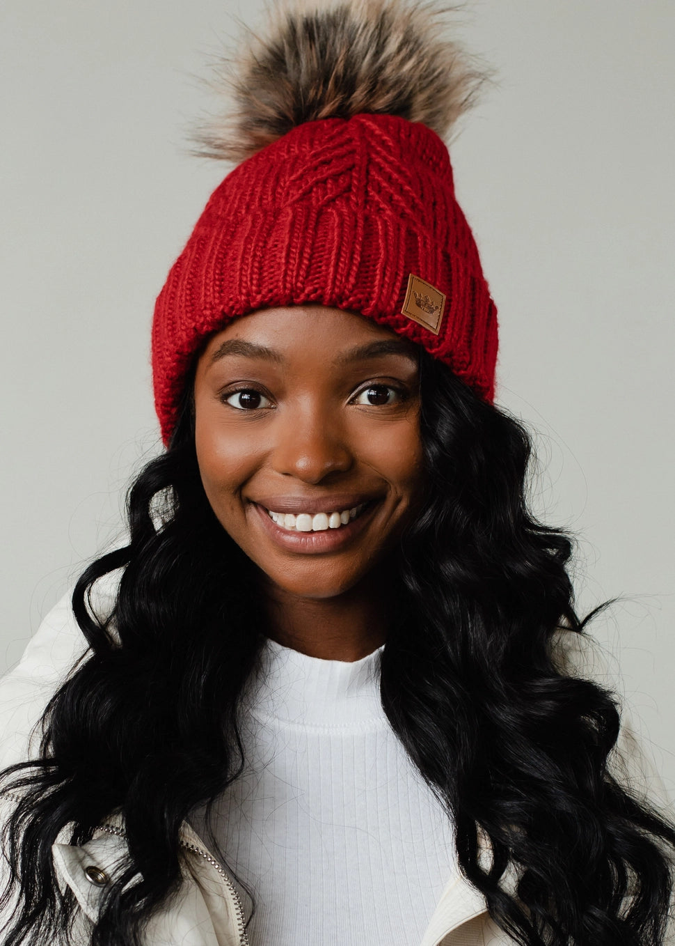 Red Decorative Cable Knit Pom Hat