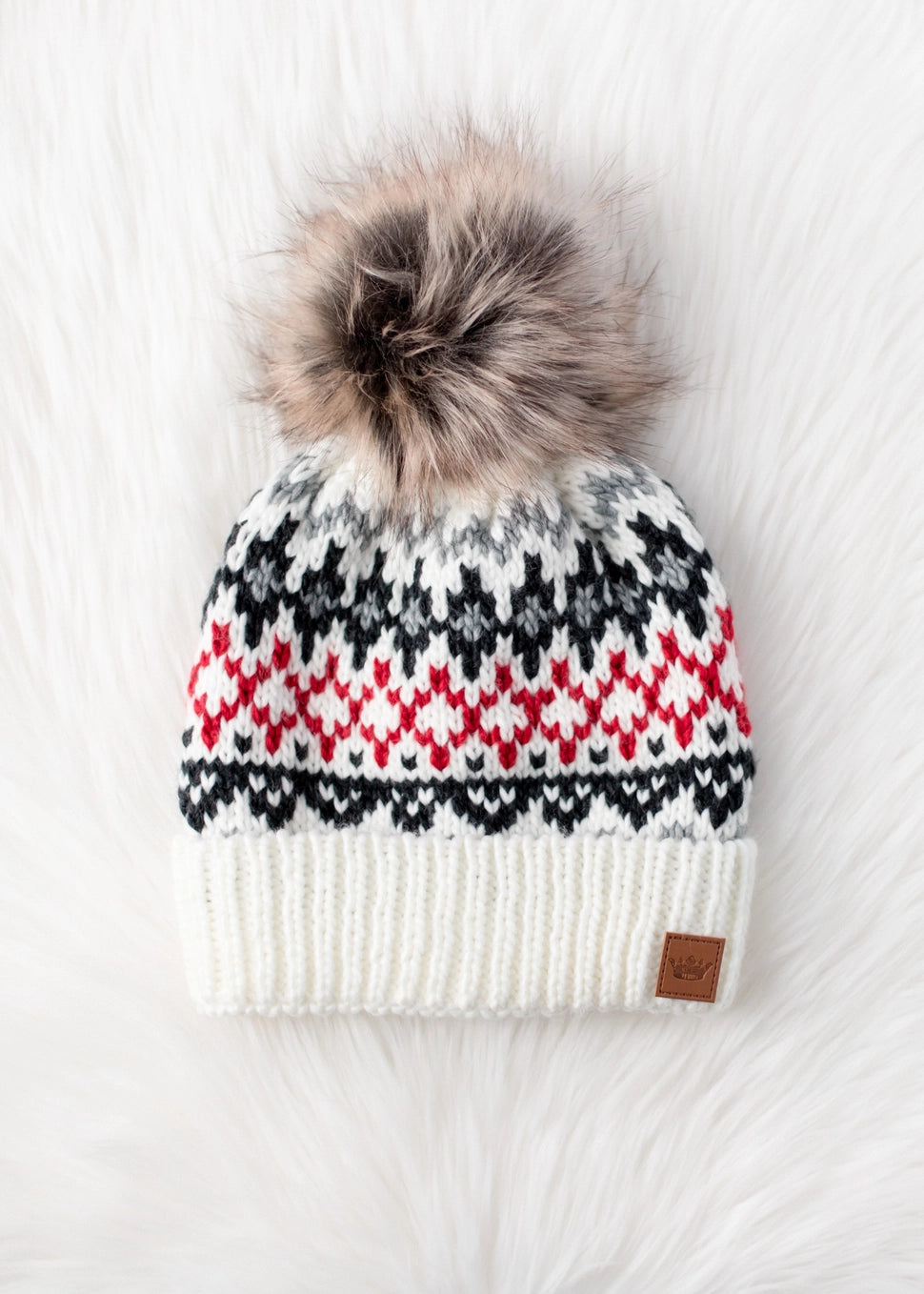 Ivory, Red & Gray Winter Pattern Pom Hat