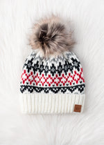 Load image into Gallery viewer, Ivory, Red &amp; Gray Winter Pattern Pom Hat
