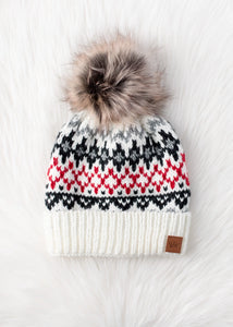 Ivory, Red & Gray Winter Pattern Pom Hat