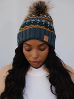 Load image into Gallery viewer, Dusty Blue &amp; Multicolored Patterned Pom Hat
