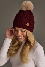 Load image into Gallery viewer, Burgundy Cable Knit Hat with Lt. Tan Pom
