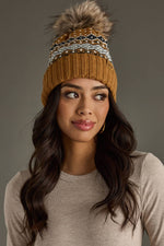 Load image into Gallery viewer, Camel, Black, White &amp; Blue Patterned Pom Hat
