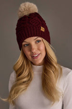 Load image into Gallery viewer, Burgundy Cable Knit Hat with Lt. Tan Pom
