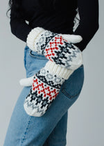 Load image into Gallery viewer, Ivory, Red &amp; Gray Winter Pattern Mittens
