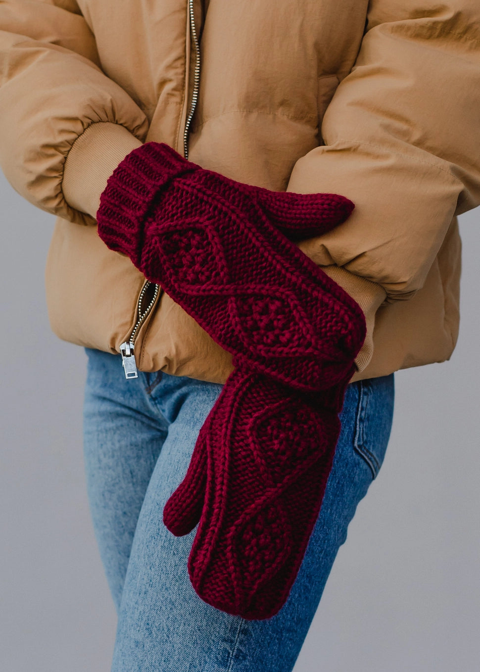 Burgundy Cable Knit Mittens