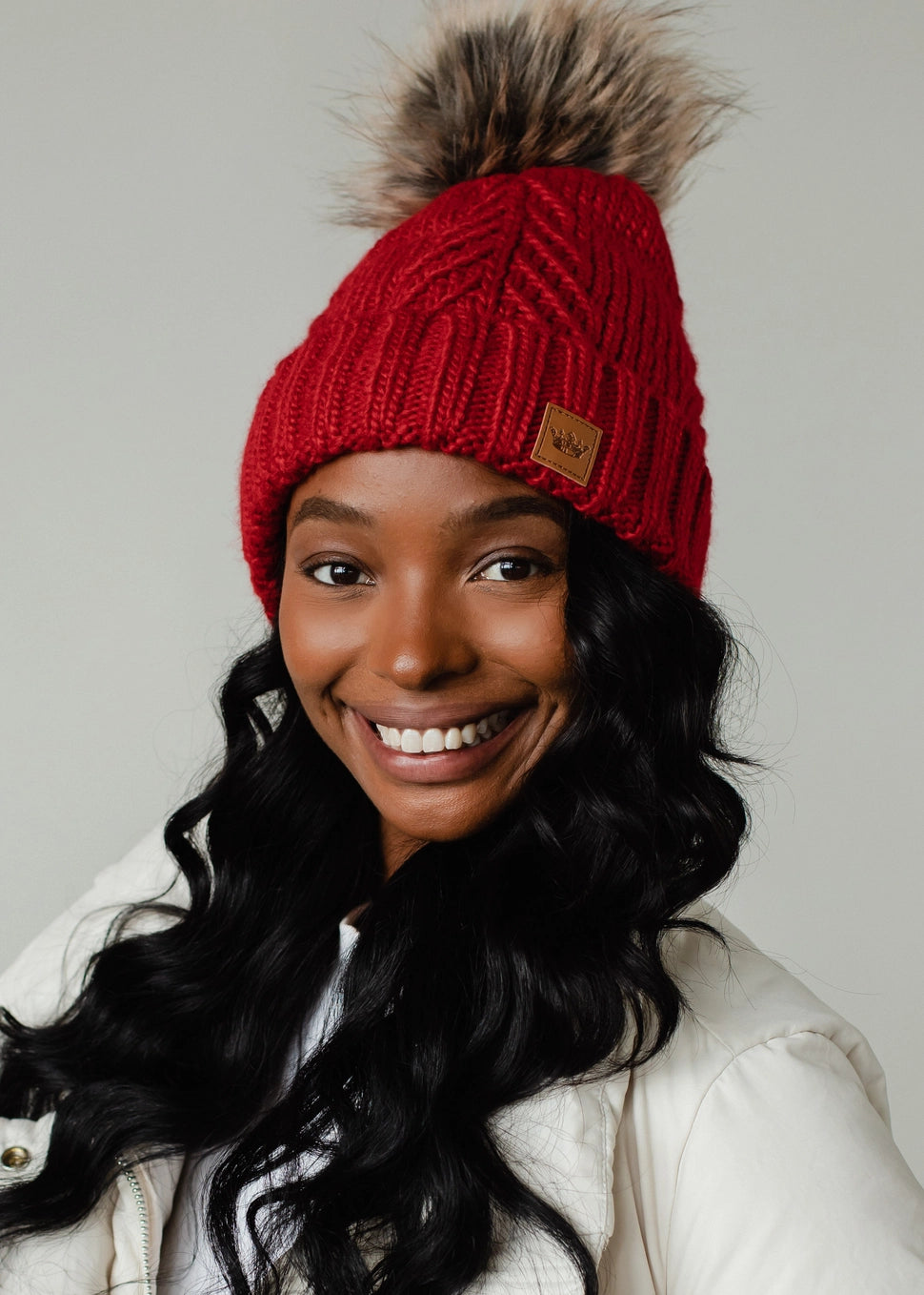 Red Decorative Cable Knit Pom Hat